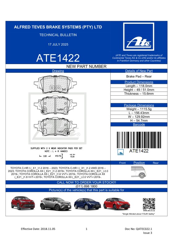 ATE1422 NEW! Brake Pad for Toyota C-HR I, Toyota corolla XII featured image